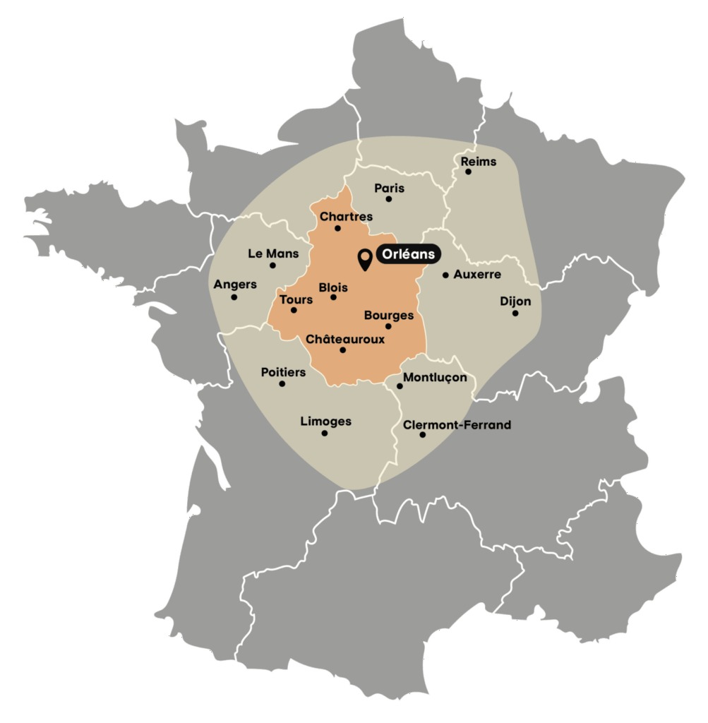 Orléans au cœur de la France : localisation et villes proches. Carte de France. Orléans au centre, entouré de deux zones de proximité. Villes majeures incluses : Paris, Tours, Bourges, Poitiers, Dijon, Reims.